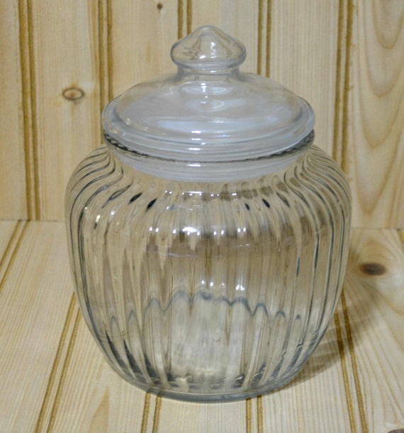 Vintage Ribbed Glass Jar Storage Cookie Kitchen Canister 2686