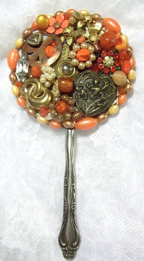 Jeweled Hand Mirror Repurposed Jewelry Mirror Upcycled Vintage