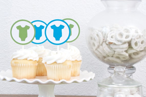 Baby Shower Decoration Infant Bodysuit Cupcake Toppers Green Blue Il_570xn