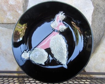Vintage Chase Pink & Gray Poodle Ceramic Plate Wall Hanging Japan 50's Old