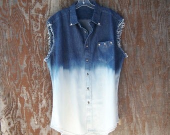 SALE Half Bleached Denim shirt studded denim shirt button up grunge shirt dip dye blue denim muscle shirt cut off sleeve unisex men xl