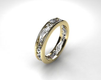 Thin Filigree ring, Diamond ring, two tone, white gold, yellow gold, diamond wedding, filigree wedding, vintage style, wedding band, thin