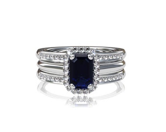 Emerald cut blue sapphire engagement ring set , white gold, diamond halo, sapphire ring, halo ring, blue, blue engagement, diamond eternity