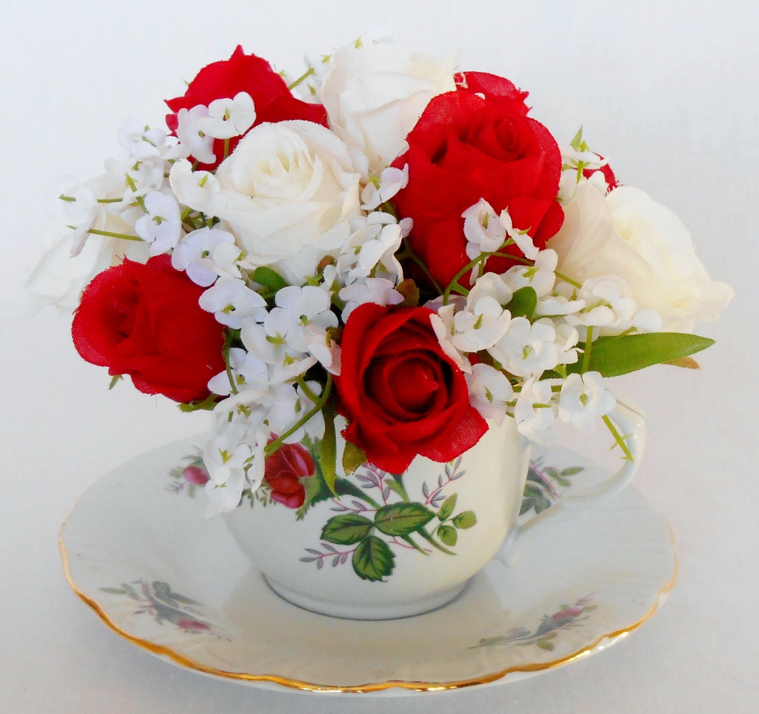 Teacup Silk Flower Arrangement Creamy White & Red Rosebuds