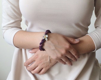 Silk Rope Bracelet, Ombre Purple Bracelet, Charm Bracelet, Rope Jewelry, Needle Lacework Flower Bracelet, Oya Textile Jewelry, Women's Gift