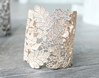 Rose Gold Lace Bridal Cuff Bracelet, Lace Floral Bridal Cuff Bracelet, Filigree Cuff Bracelet