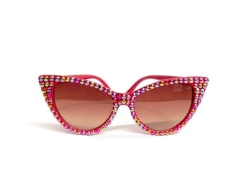 Red Rainbow Effect Cat Eye Glitzy Sunglasses - Sparkly Sunglasses - Rhinestone Cat Eye Glasses - Retro Pin Up Sunglasses - Rainbow Bling