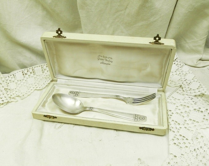 Antique Boxed Set of Silver Plated Art Deco Fork and Spoon from Normandy, French Vintage Cutlery Original Box, Retro Tableware from France