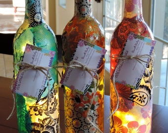 Custom Wine Bottle Lamp, Unique Wine Bottle Lamps, Nepalese Lokta Paper, Morrocan Home Decor Lamp
