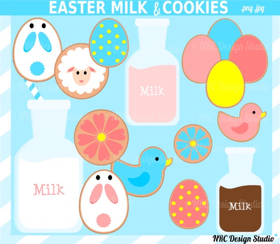 CIJ SALE - Milk and Cookies Clip Art - Easter Clip Art - Easter Milk Cookies Clipart - Milk Cookie Party - Spring, Cute, Bunny, Duck, Eggs Il_570xn