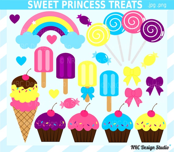 DOLLAR SALE - Rainbow Candyland Clip Art - Sweet Princess Treats - Rainbow Clipart - Cupcakes, Ice Cream, Lollipops, Candy, Hearts, Bows Il_570xn