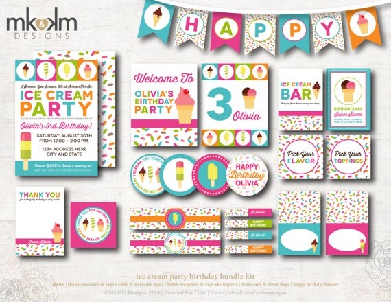 Ice Cream Birthday Bundle, Personalized Party Kit, Ice Cream Invite, Birthday Banner, Soda Shoppe Birthday, Pool Party Decor, #47 Il_570xn