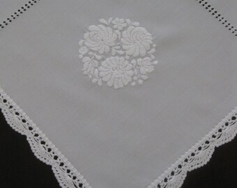 1960s White on White Embroidered Tablecloth - 36 x 37 - Excellent Condition - Crochet Lace Edging