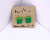 Glittery Green Squares!  ReCycled Wood Earrings Handmade One Of A Kind Spring Color