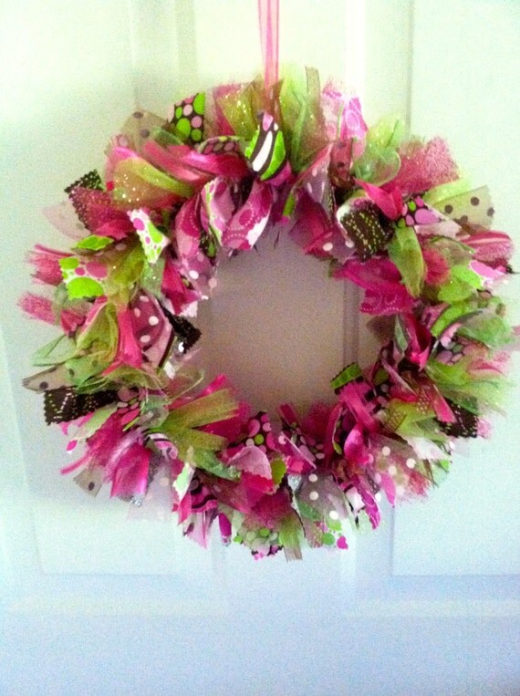 Pink Lime Green and Chocolate Fabric Rag and Ribbon Wreath