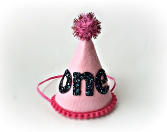 First Birthday Party Hat Cone Hat Felt Birthday Party Pink Glitter Number and Pom Pom