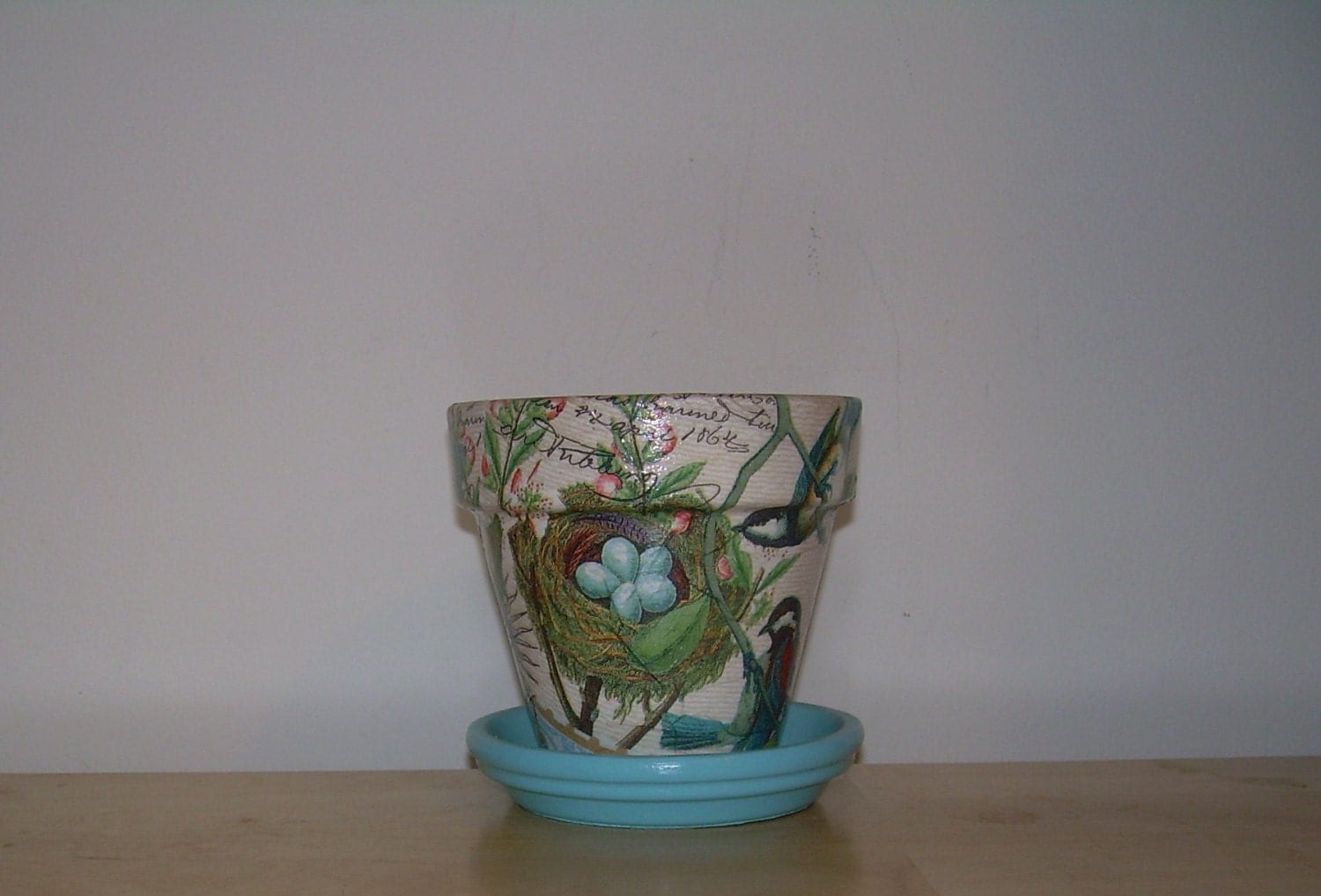 Handmade Decoupage Clay Flower Pot Birds Nest