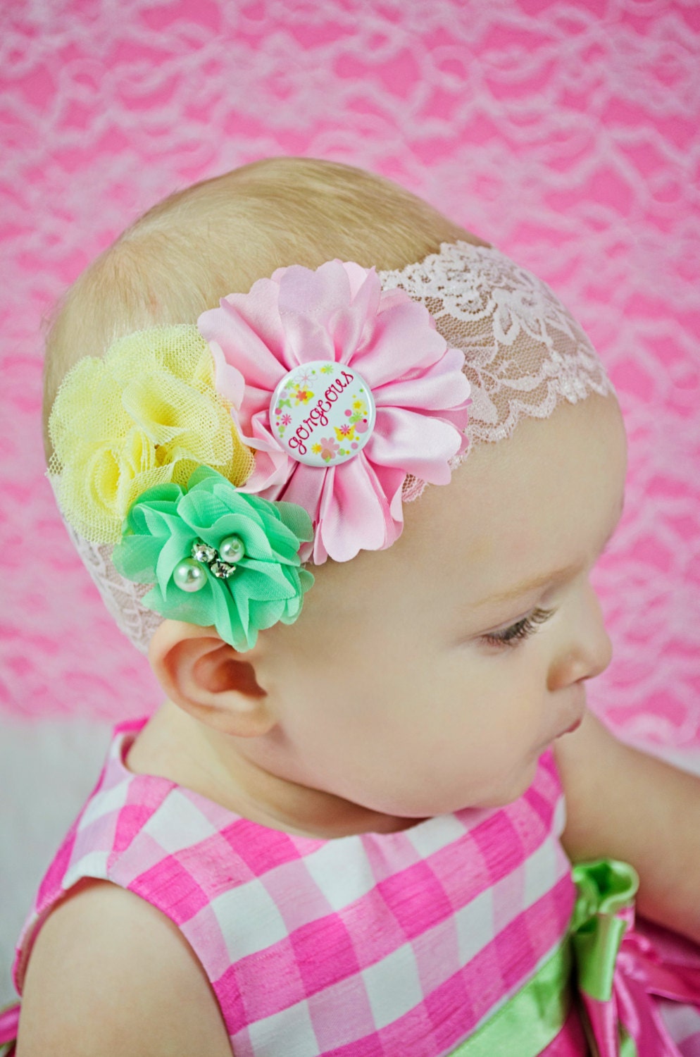 Pink Yellow Mint Flower Headband, Pastel Lace Headband Newborn Headband