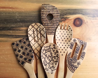 Wood burned kitchen utensils, bamboo wooden spoons