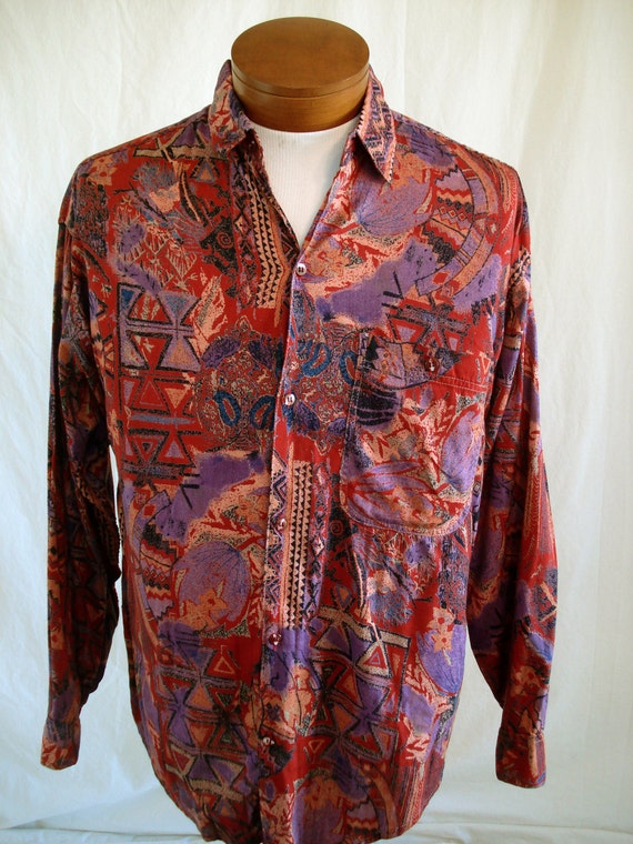 Vintage 90s Abstract Rayon Mens Shirt India 7 Seven Long