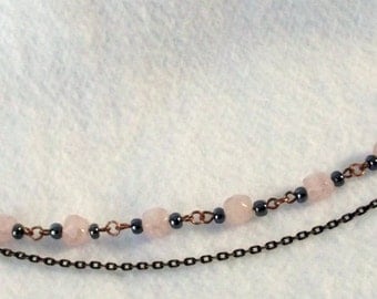 Rose Quartz and Cooper Bracelet with a Chain Accent