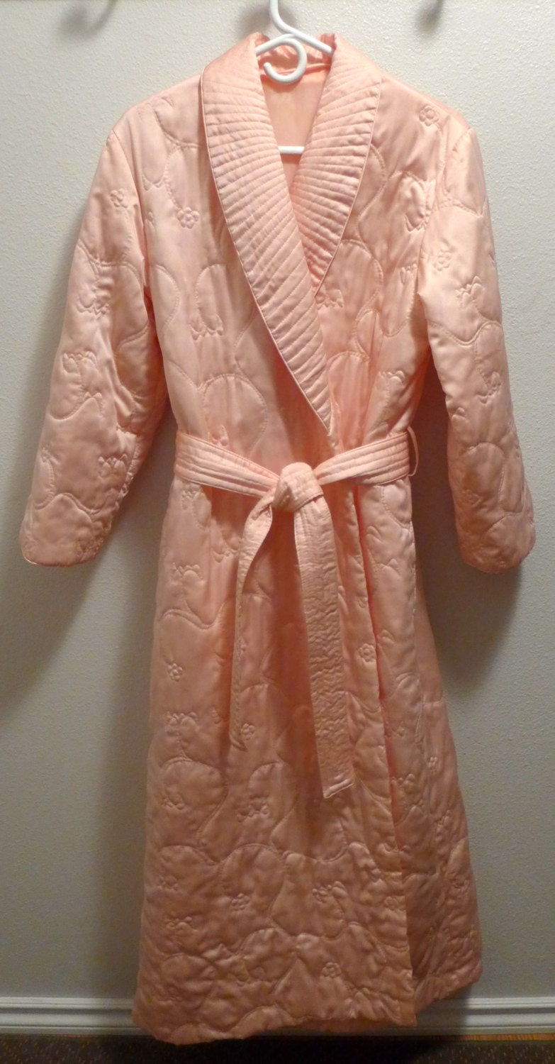 Quilted Satin Robe Peach Long Wrap Sash Two Pockets