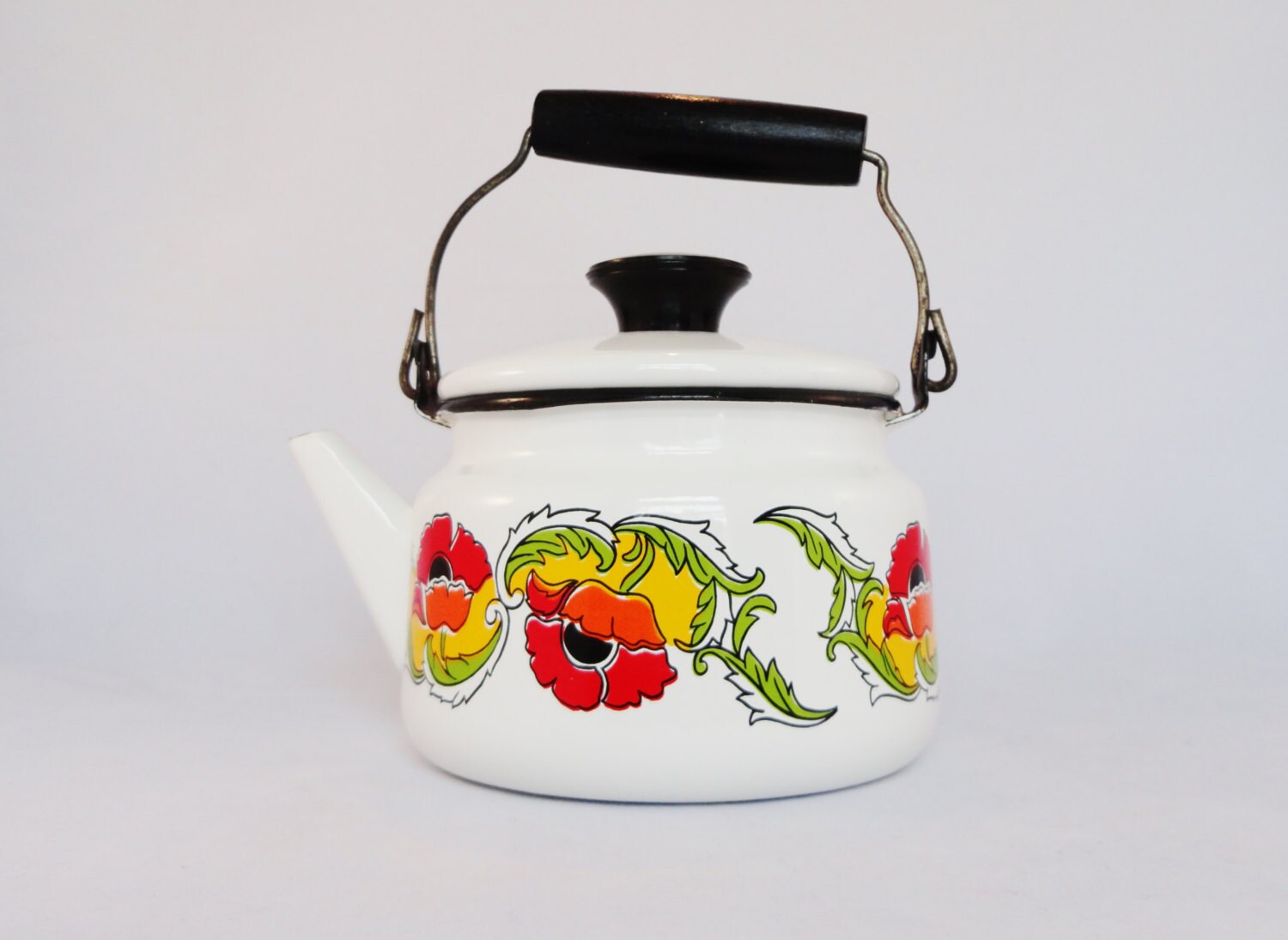Vintage Enamel Teapot Enamel Tea Kettle White Enamel