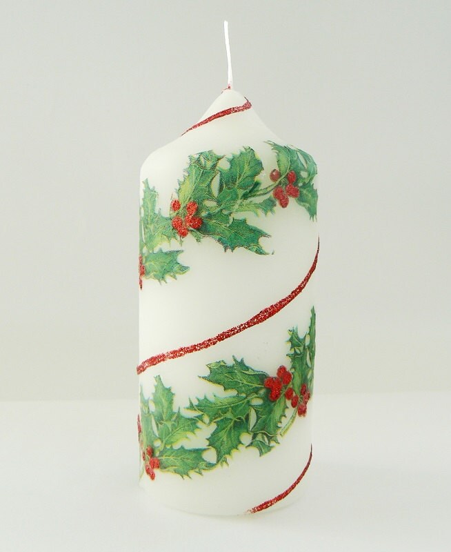 Hand decorated Pillar Candle, Red Glitter Holly Berry, 5.1" Gift Wrapped decoupaged candle, Stocking stuffer