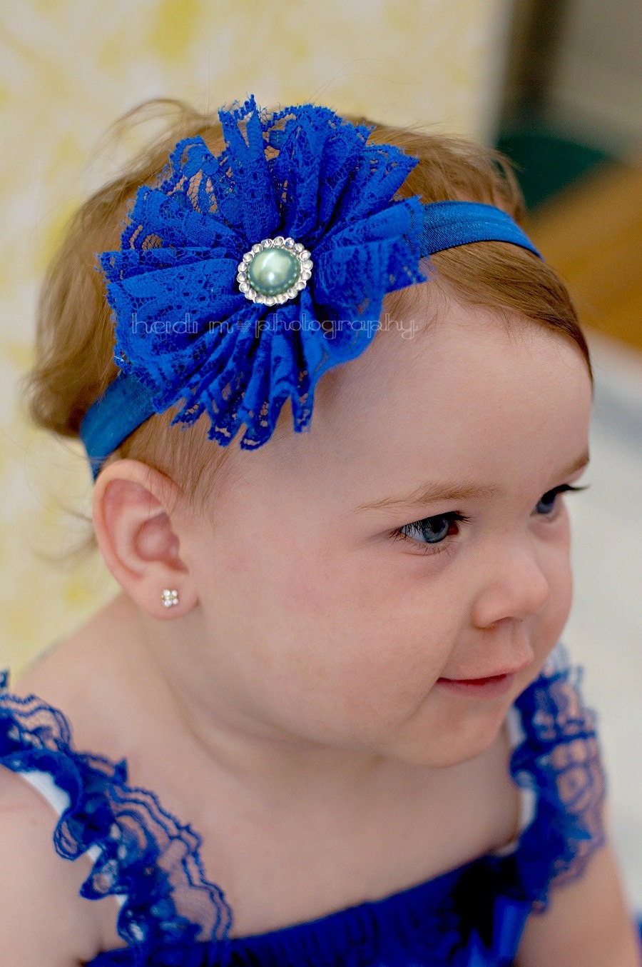 Royal blue lace flower headband for baby girl and toddler