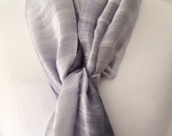 Thai Silk Scarf in Silver Grey , 100% Silk , Raw Silk, Hand dyed Scarf , Fair Trade, Silver Wrap, Wedding Prom Wrap