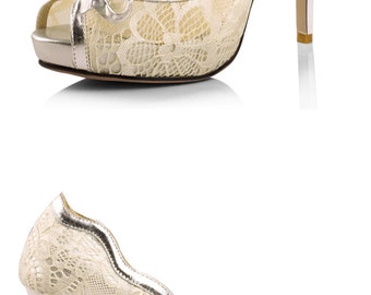 White Fish Mouth Thick Heel Wedding Shoes with Lace Flower