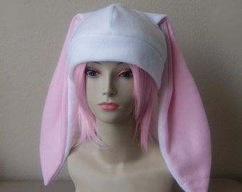 Fleece Rabbit Hat / WHITE + PASTEL PINK Beanie Style with Long Bunny Ears Cute Anime Cosplay Rabbit Ears Usagi Ears Kawaii Japanese Fashion