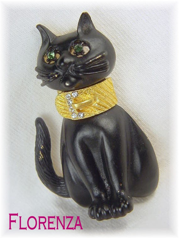 Florenza Black Cat Vintage Rhinestone Brooch Green Eyes