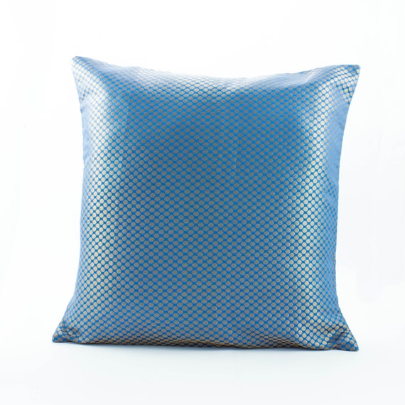 Blue Silk Pillow with Gold Dot s Decorative Throw by Fabricasia