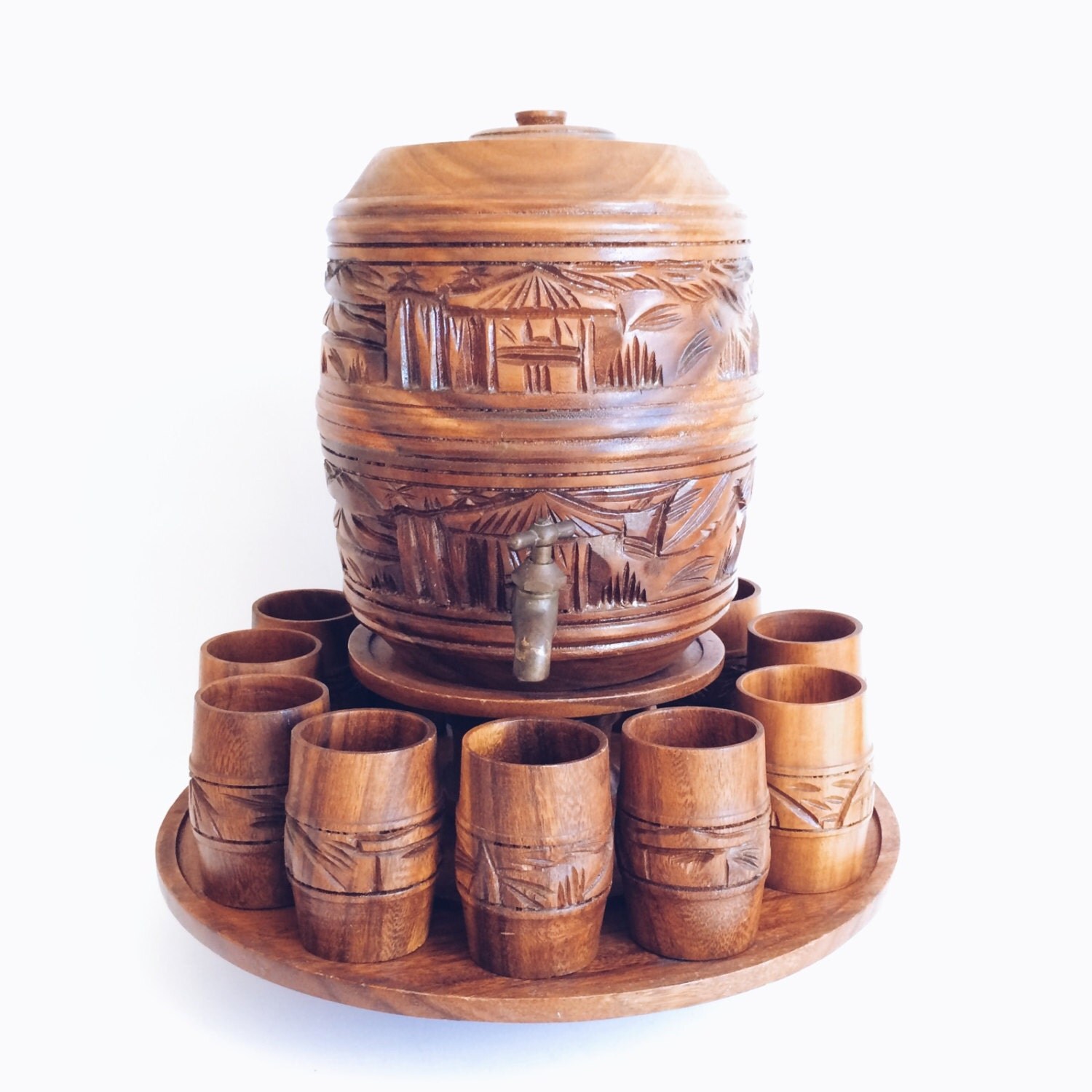 Vintage Wood Mini Keg Barrel Dispenser with 12 Cups & Rotating