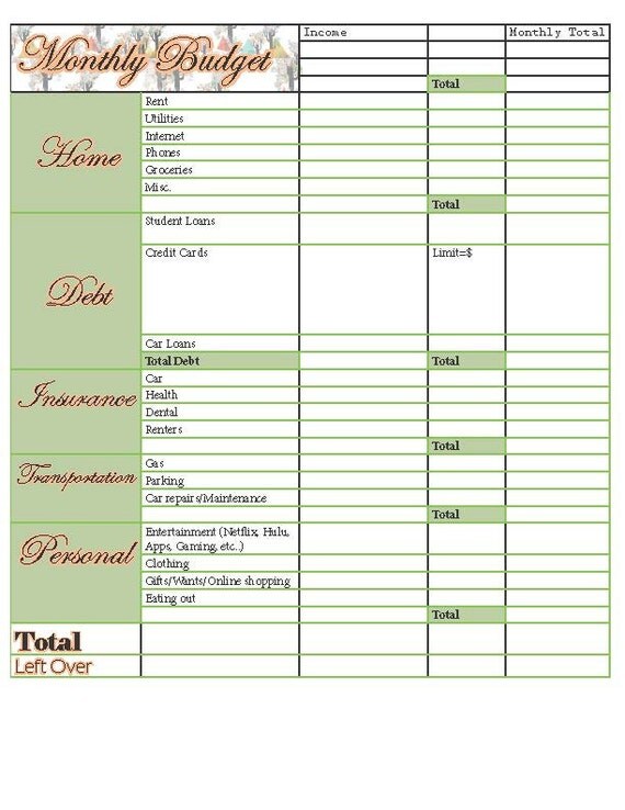 detailed monthly budget