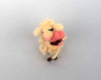 Miniature lamb Mother's day gift Tiny animal Sheep Lamb pink heart Woolen animal Needle felted Aries needle felt ewe Organic gift Soft