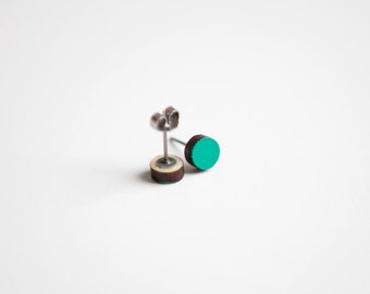 Teal Green Earring Studs | Minimal Earring | Wood Earring Stud | Hypoallergenic Earring Stud | Titanium Earring Stud | Round Earring