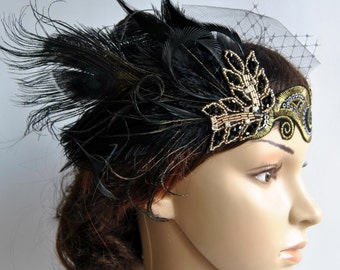Black Dream head dress, Peacock Headband, The Great Gatsby headpiece ...