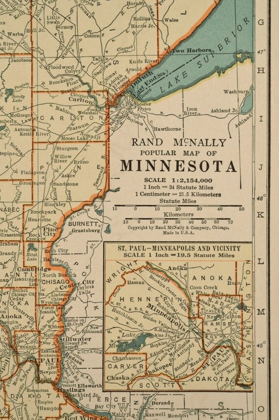 Vintage Map Minnesota 1930s State Original by VintageBooksPaper