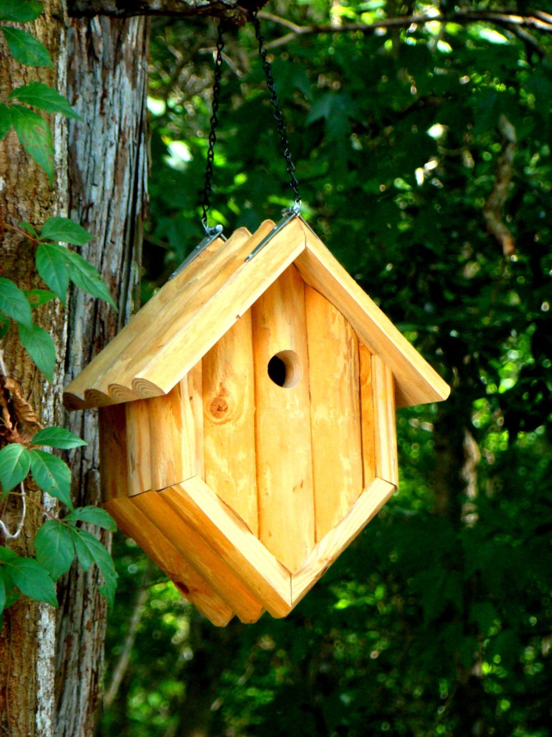 Rustic pine log hanging birdhouse use as by 