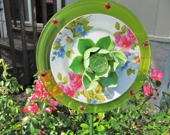 vintage glass garden art, plate flower, glass plate flower, garden ...