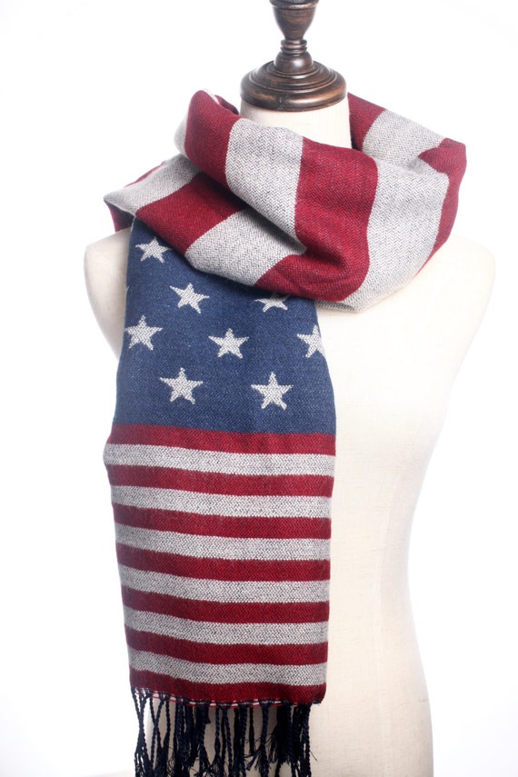 US American Flag Scarf Chunky Knit Shawl Patriotic Scarf Fringe Scarf ...