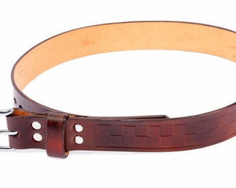 Leather Belt, Mens Leather Belt, Mans Belt, Embossed Square Pattern Belt.Mans Belt 11/2" Wide Leather Belt With Stainless Steel Buckle.