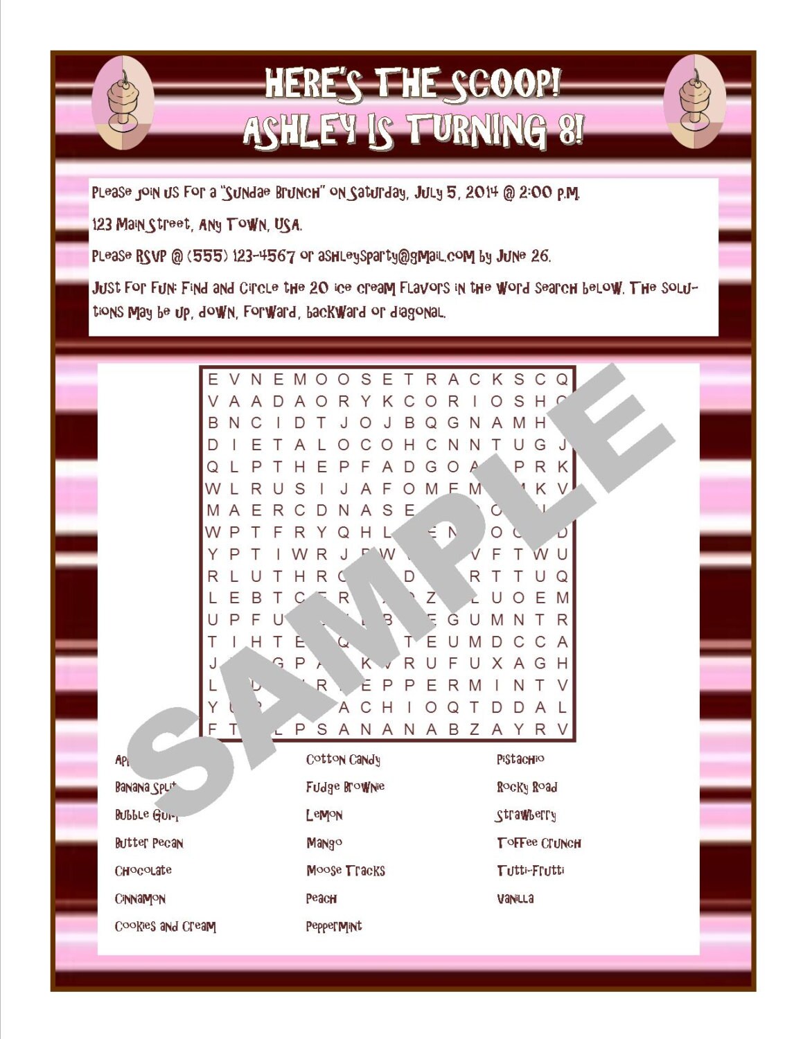 Ice Cream Flavors Printable Word Search GameCustom Digital