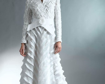 Haute Couture Dress / All White Dress with Sleeves / Cocktail Dress / Long White Dress for Women / White Semi Formal Dress / Wedding Dresss