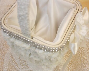 flower girl basket with rhinestone trim, off white flower girl basket, ruffled flower girl basket, wedding basket, flower girl basket