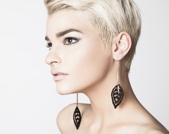 Lace earrings - FALLING LEAVES - Black lace with copper