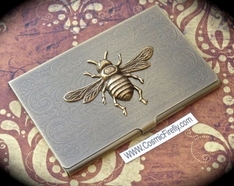 Brass Bee Business Card Case Antiqued Brass Card Case Vintage Inspired Victorian Steampunk Card Case Slim Card Case Bee Case Fancy Card Case