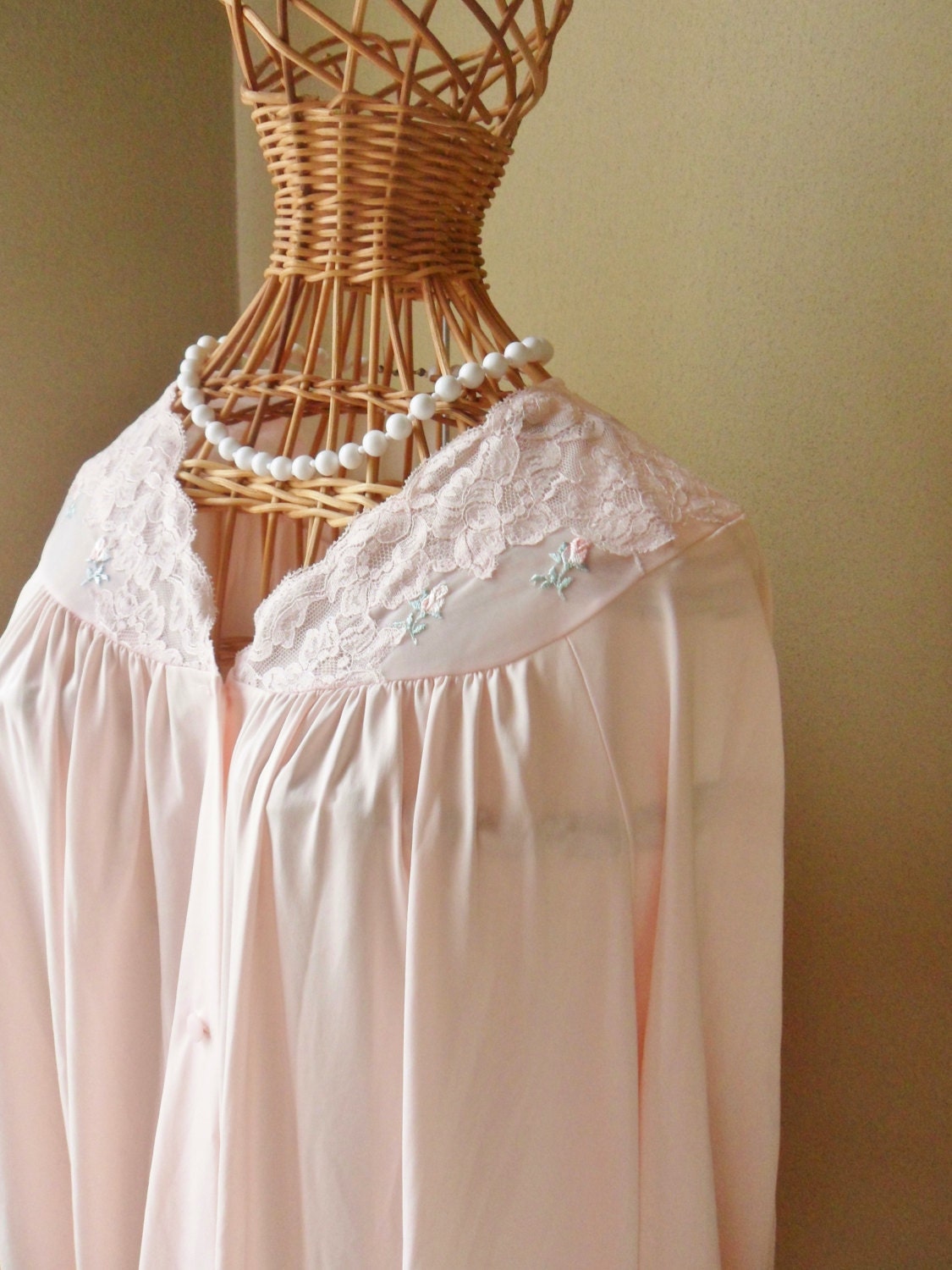 Pink Lacy Embroidered Nightgown, Shadowline Size M, Full Length Long Sleeve Brushed Nylon Gown